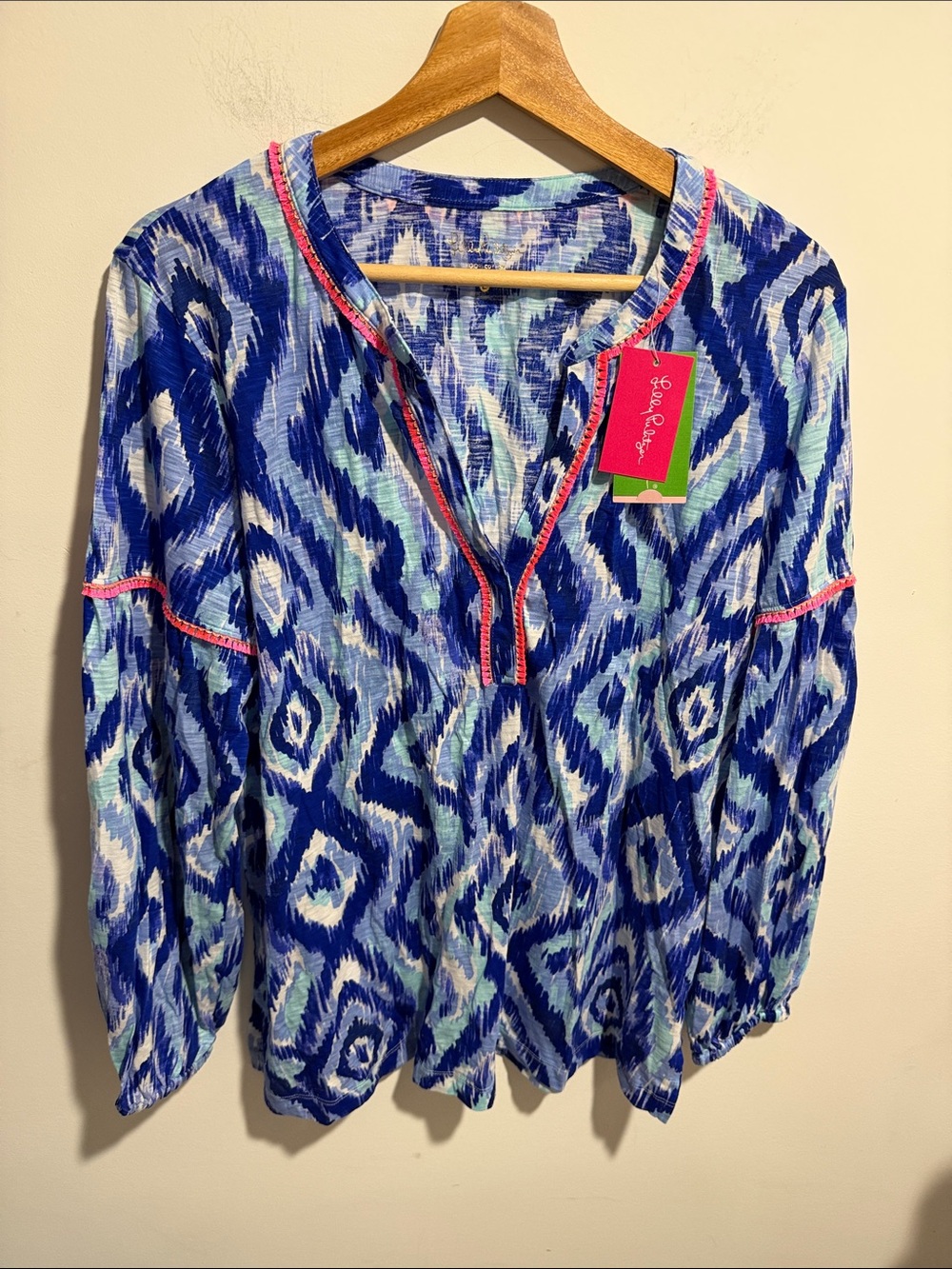 Lilly Pulitzer 100% Cotton Blue Ikat Tunic with Pink Tassel Trim Size Large NWT